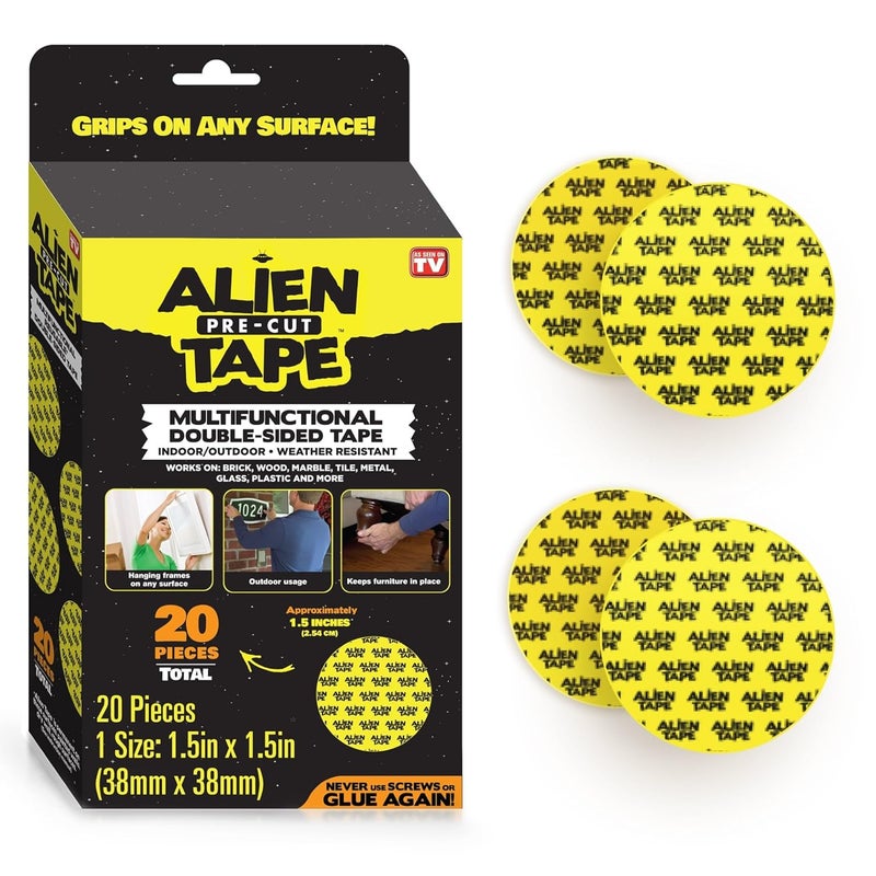 ALIEN TAPE Alientape Pre Cut 20 Piece Set Double Sided Tape Multipurpose Removable Adhesive Transparent Grip Mounting Strips Washable Strong Sticky Heavy Duty for Carpet Photo Frame Poster Décor As Seen On TV - Image 1